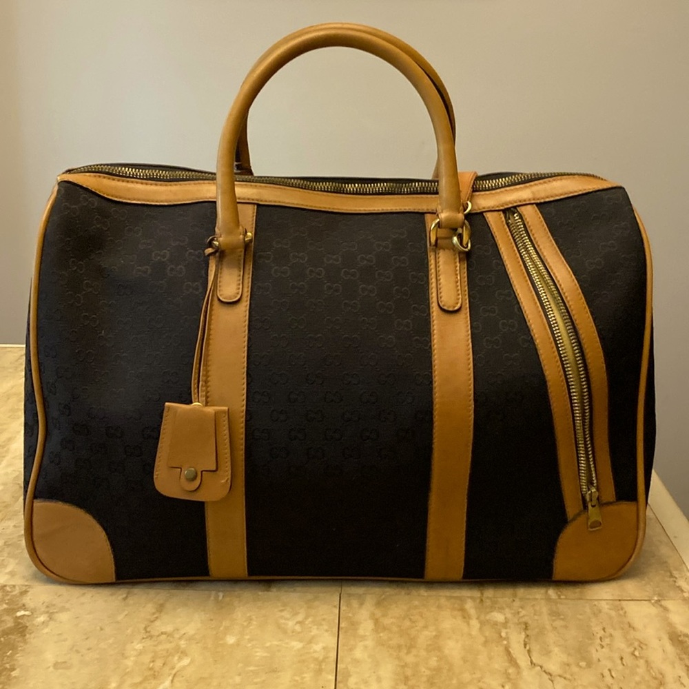 GUCCI GG vintage/rare Logo Canvas Leather Boston Travel/HandBag-Blk/Tan:COA